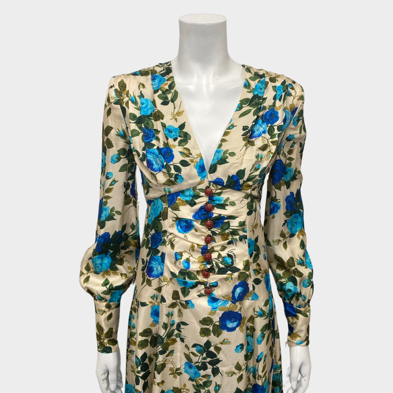 Gucci women's ecru and blue floral print silk maxi dress