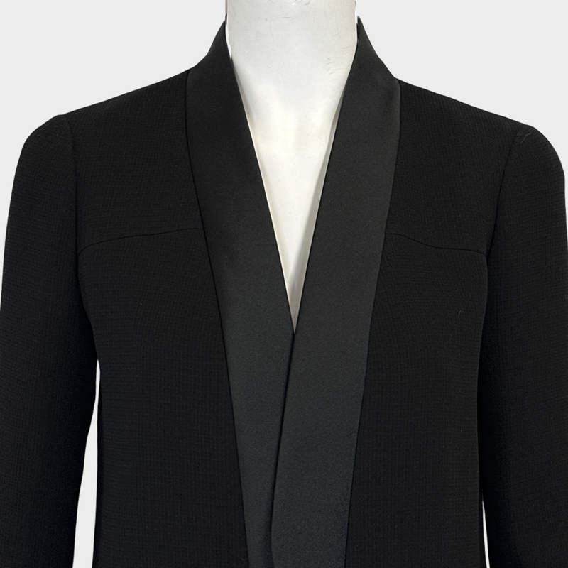 Chanel women's black wool open jacket with silk panels on the collar