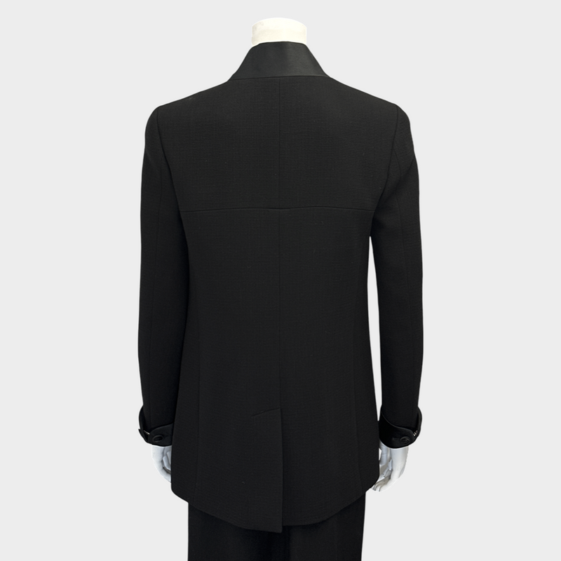 Chanel women's black wool open jacket with silk panels on the collar