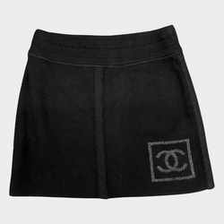 Chanel black wool mini skirt with grey CC logo detail