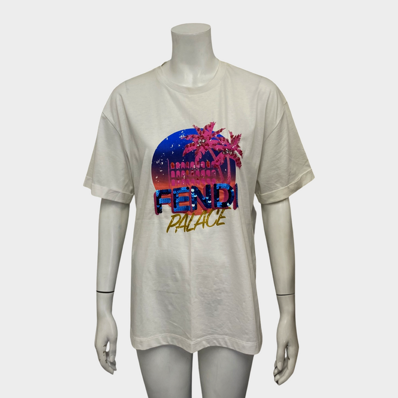 Fendi women's white cotton t-shirt with palm-tree graphic design