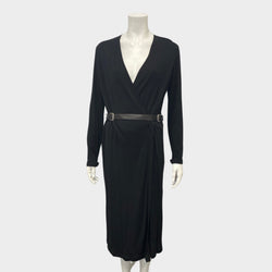 Hermes women's black vintage belted midi dress