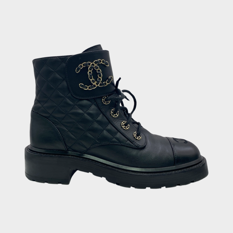 Chanel women's black CC quilted boots with flap