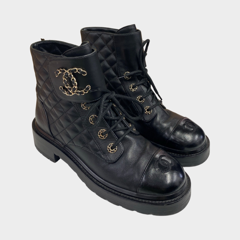 Chanel women's black CC quilted boots with flap