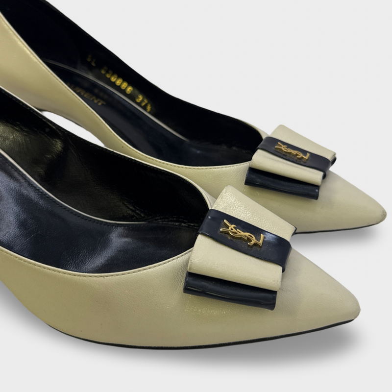 Saint Laurent Women's ecru kitten heel leather pumps