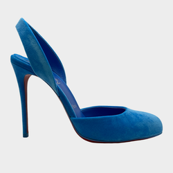 Christian Louboutin neon blue Betty velour heeled open back platform pumps