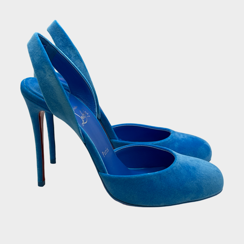 Christian Louboutin neon blue Betty velour heeled open back platform pumps