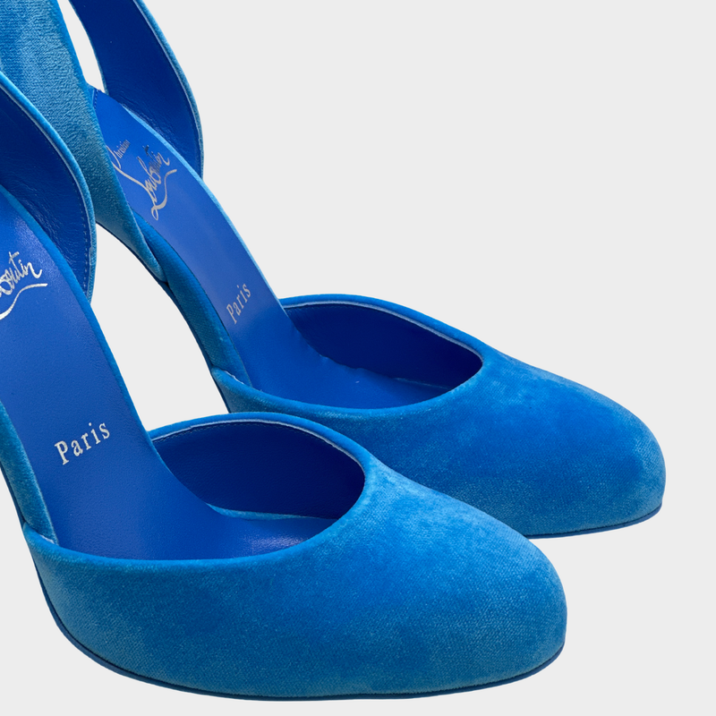 Christian Louboutin neon blue Betty velour heeled open back platform pumps