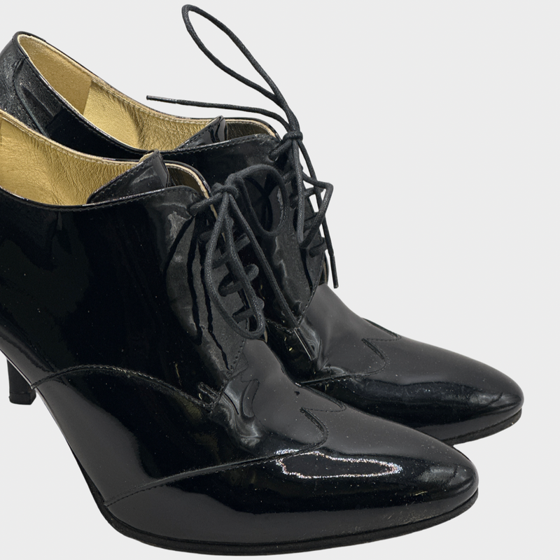 Chanel women's patent leather lace up heeled ankle boots