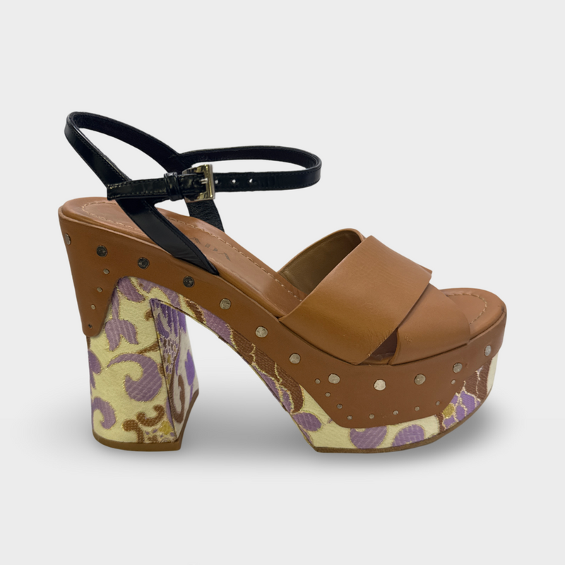 Prada Women's Brown and lilac floral embroidered Heeled Sandals