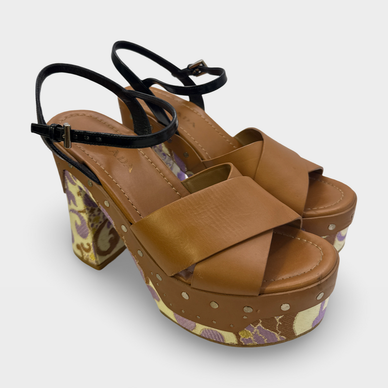 Prada Women's Brown and lilac floral embroidered Heeled Sandals
