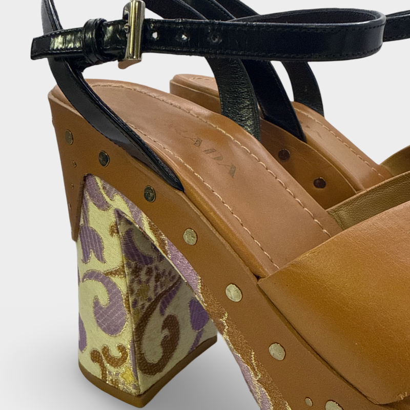 Prada Women's Brown and lilac floral embroidered Heeled Sandals