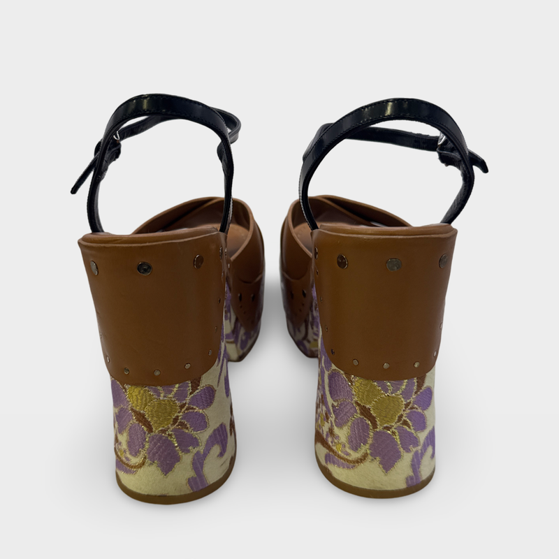 Prada Women's Brown and lilac floral embroidered Heeled Sandals