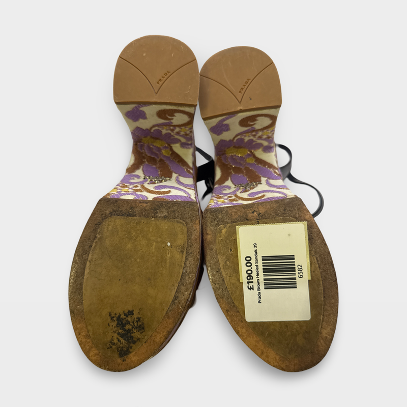 Prada Women's Brown and lilac floral embroidered Heeled Sandals