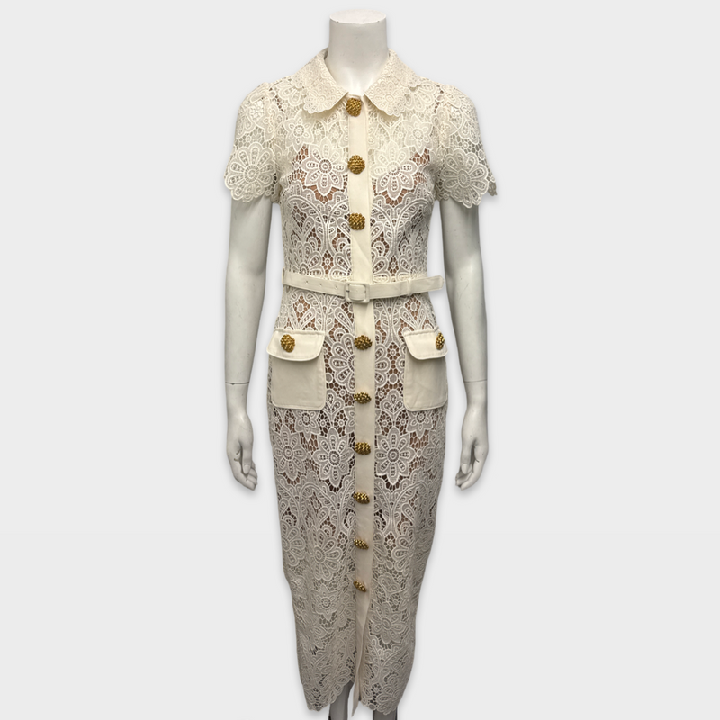 Self-Portrait Ecru lace Dress with gold buttons