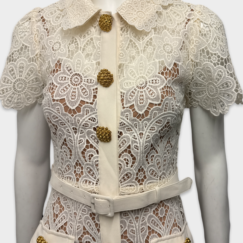 Self-Portrait Ecru lace Dress with gold buttons