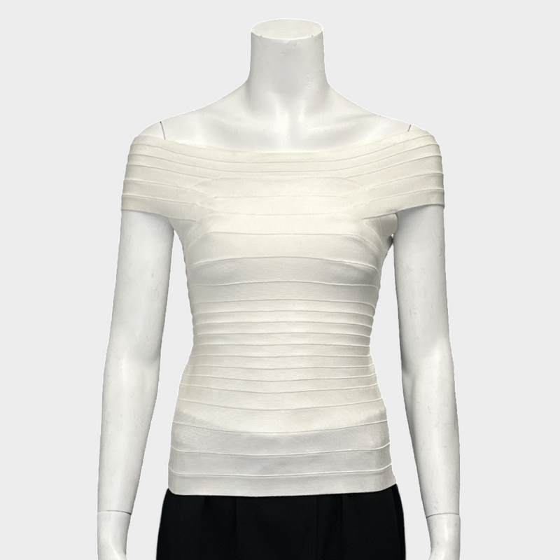 Herve Leger white panelled bandage open-shoulder zipped top