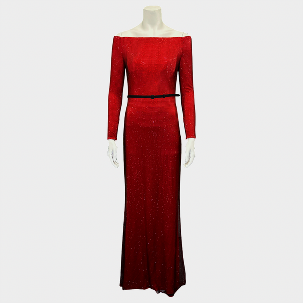 Ralph Lauren women's red viscose belted beaded maxi dress