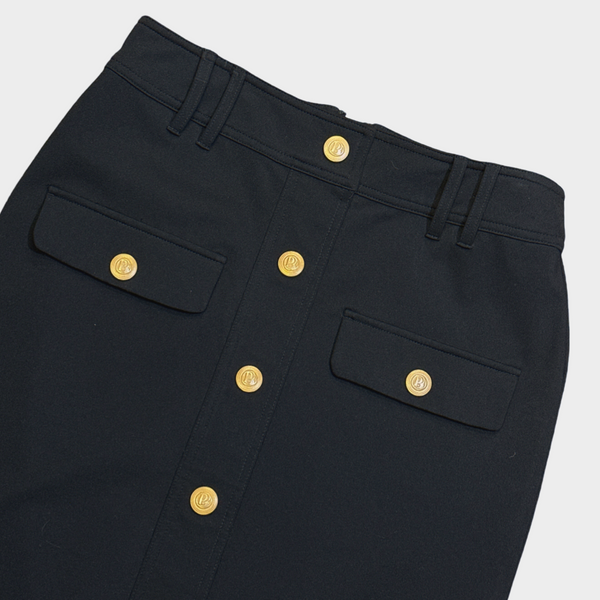 BALMAIN women's black elastane zipped skirt with gold buttons