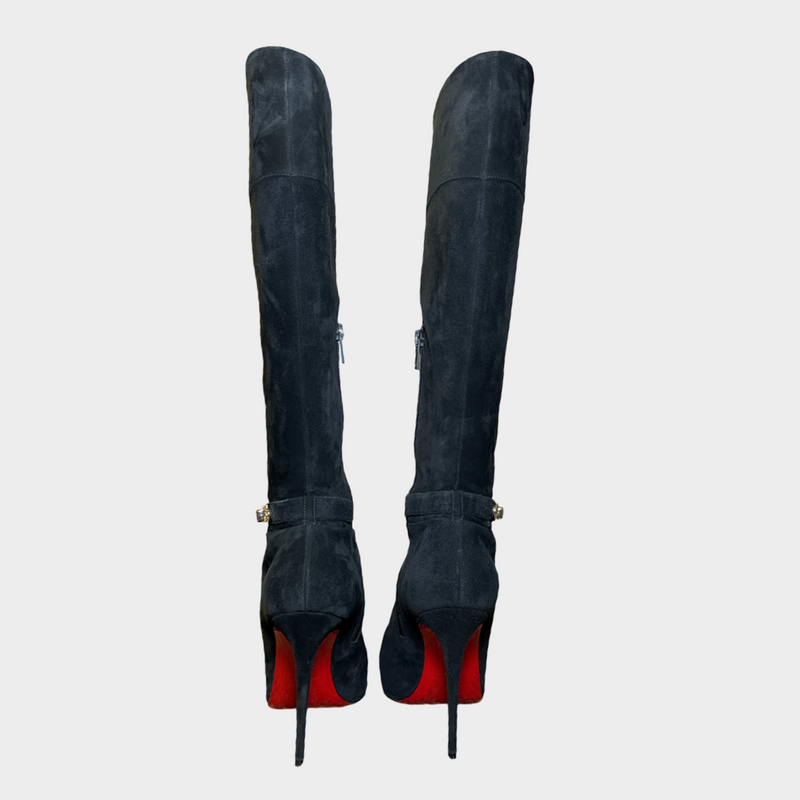 Christian Louboutin women's black suede heeled knee boots