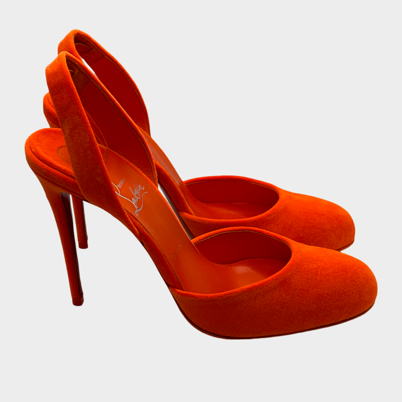 Christian Louboutin neon orange Betty velour heeled open back platform pumps