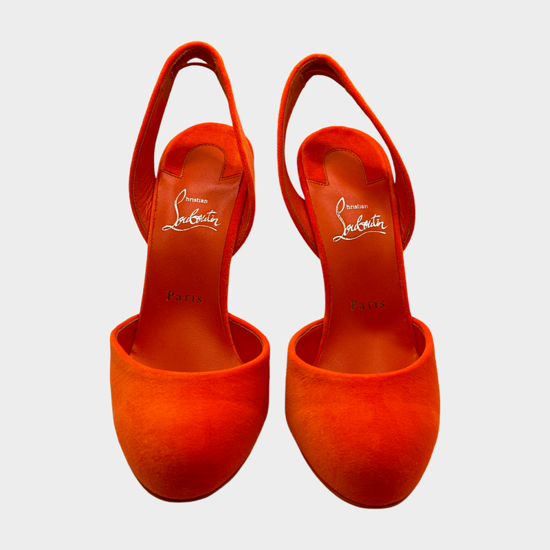 Christian Louboutin neon orange Betty velour heeled open back platform pumps