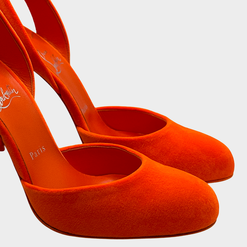 Christian Louboutin neon orange Betty velour heeled open back platform pumps