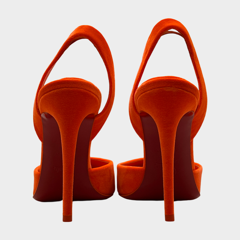 Christian Louboutin neon orange Betty velour heeled open back platform pumps
