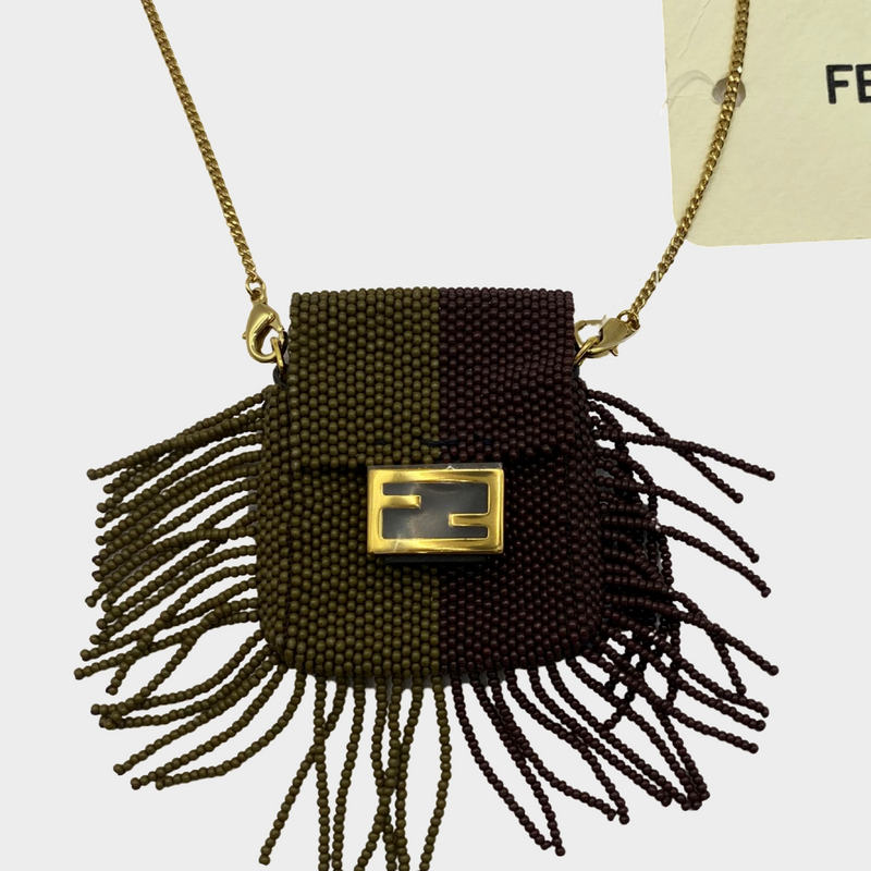 Fendi women's beaded mini bag charm necklace on long gold chain