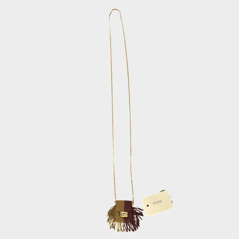 Fendi women's beaded mini bag charm necklace on long gold chain