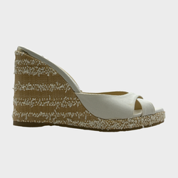 JIMMY CHOO ecru canvas and raffia wedges