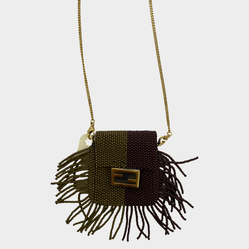 Fendi women's beaded mini bag charm necklace on long gold chain