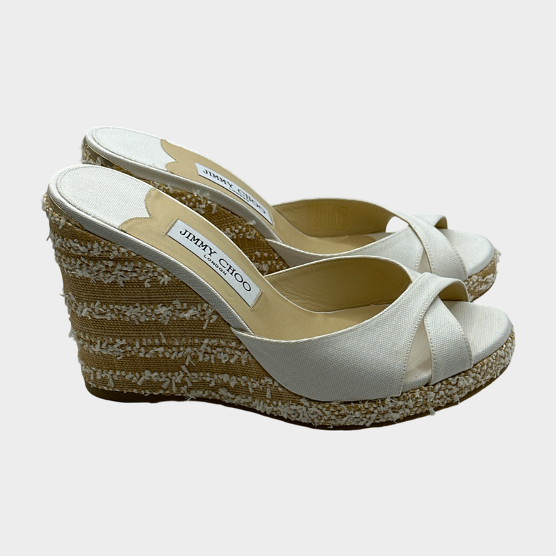 JIMMY CHOO ecru canvas and raffia wedges