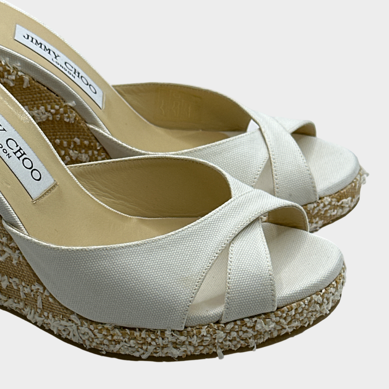 JIMMY CHOO ecru canvas and raffia wedges