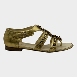 CHANEL women's gold grained leather gladiator sandals with chains trimmings