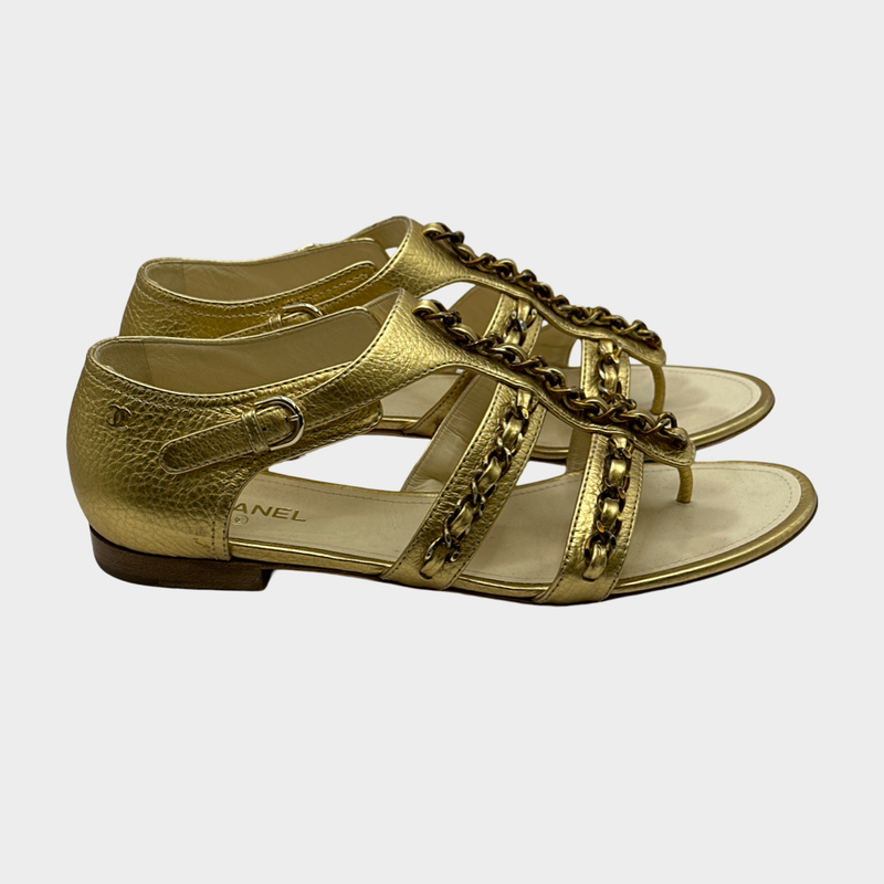 CHANEL women's gold grained leather gladiator sandals with chains trimmings