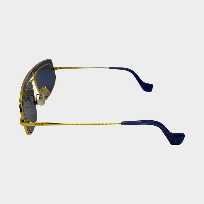 Loewe women's blue acetate and gold rim rectangular micro sunglasses