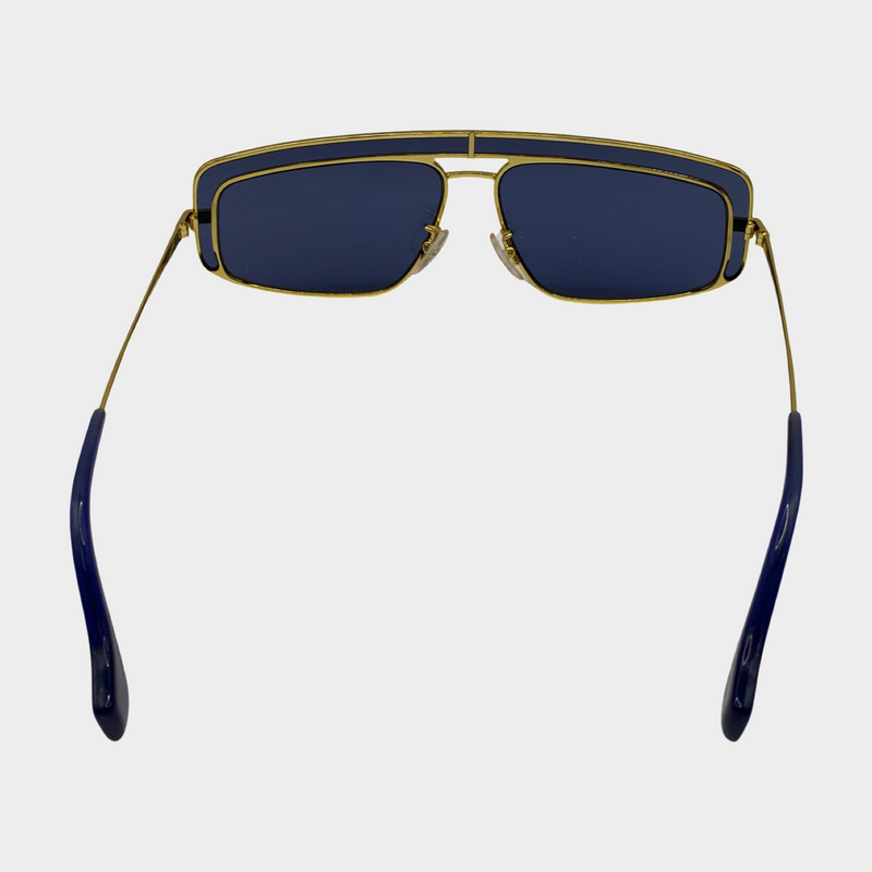 Loewe women's blue acetate and gold rim rectangular micro sunglasses