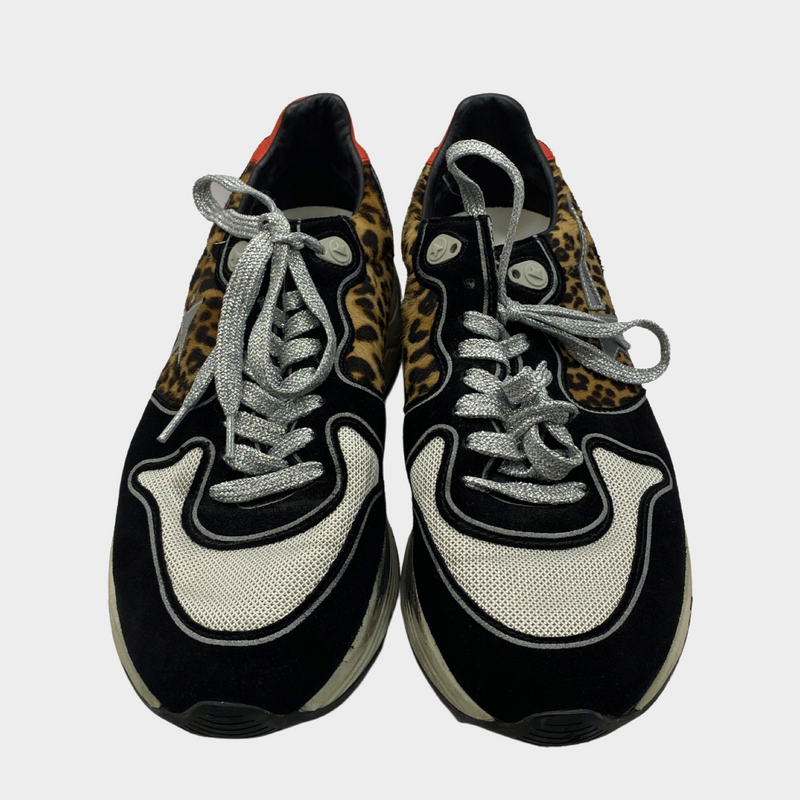 Golden Goose women's Running Sole sneakers in black with leopard-print pony skin accents and silver leather star