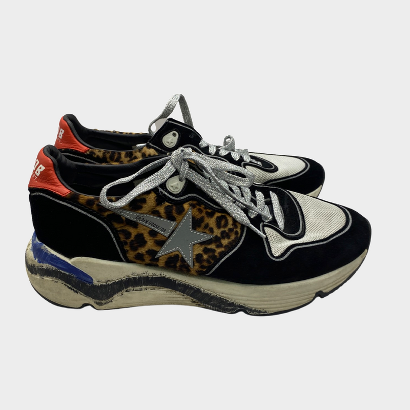 Golden Goose women's Running Sole sneakers in black with leopard-print pony skin accents and silver leather star
