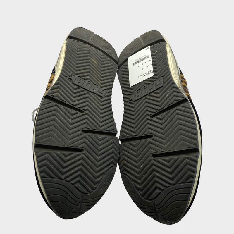 Golden Goose women's Running Sole sneakers in black with leopard-print pony skin accents and silver leather star