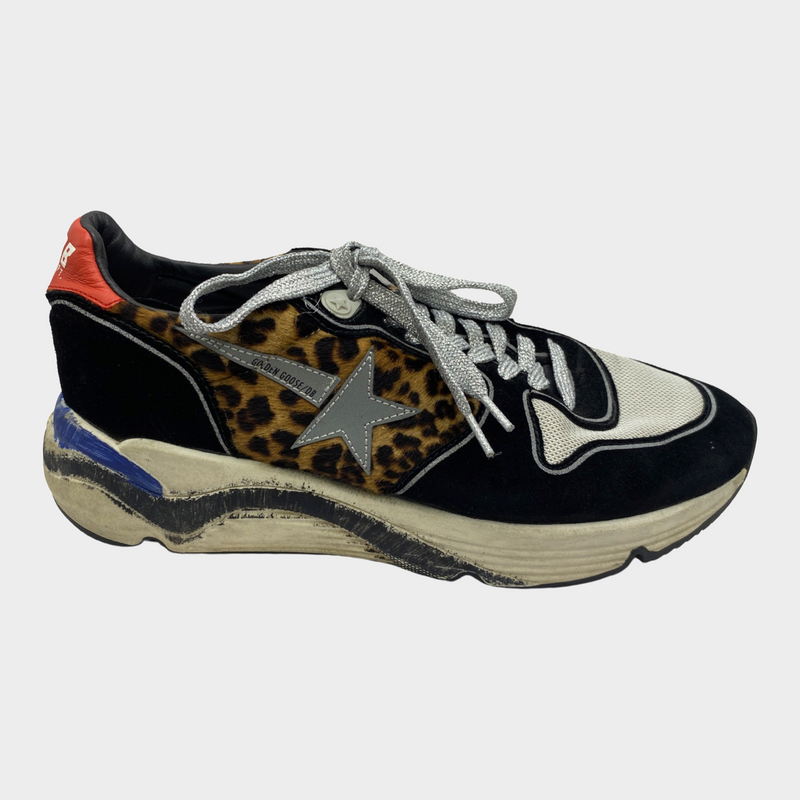Golden Goose women's Running Sole sneakers in black with leopard-print pony skin accents and silver leather star