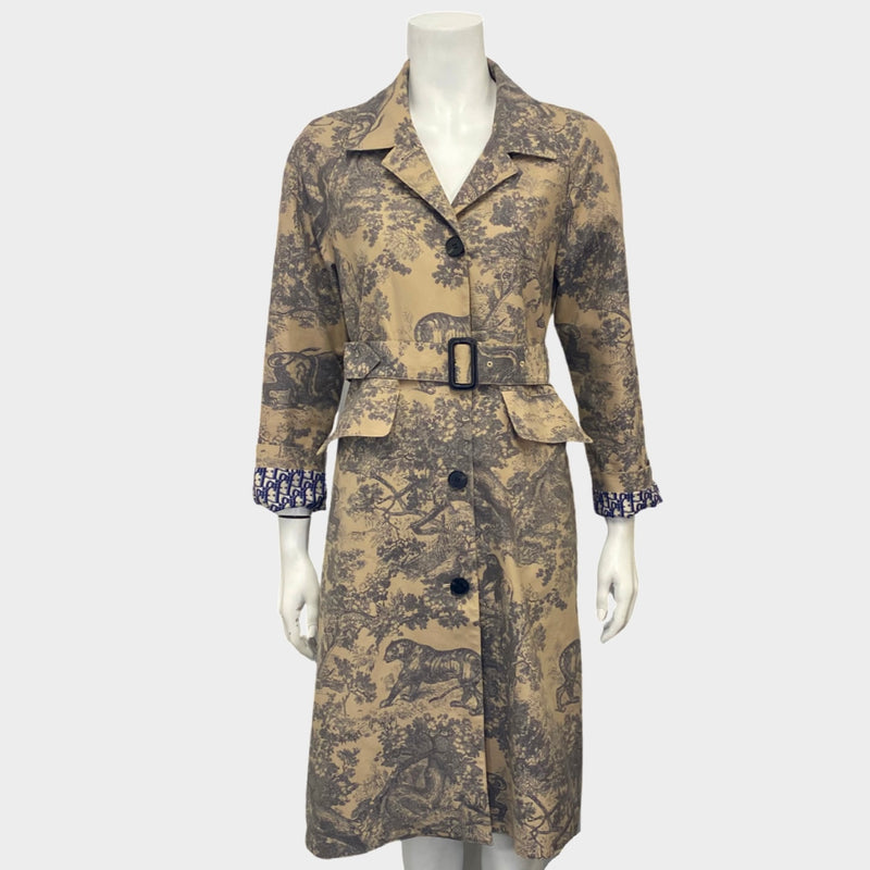 Christian Dior women's beige 'Dioriviera' Motif Toile De Jouy print trench coat with monogram oblique accents