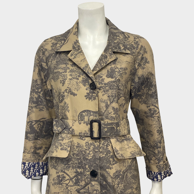 Christian Dior women's beige 'Dioriviera' Motif Toile De Jouy print trench coat with monogram oblique accents
