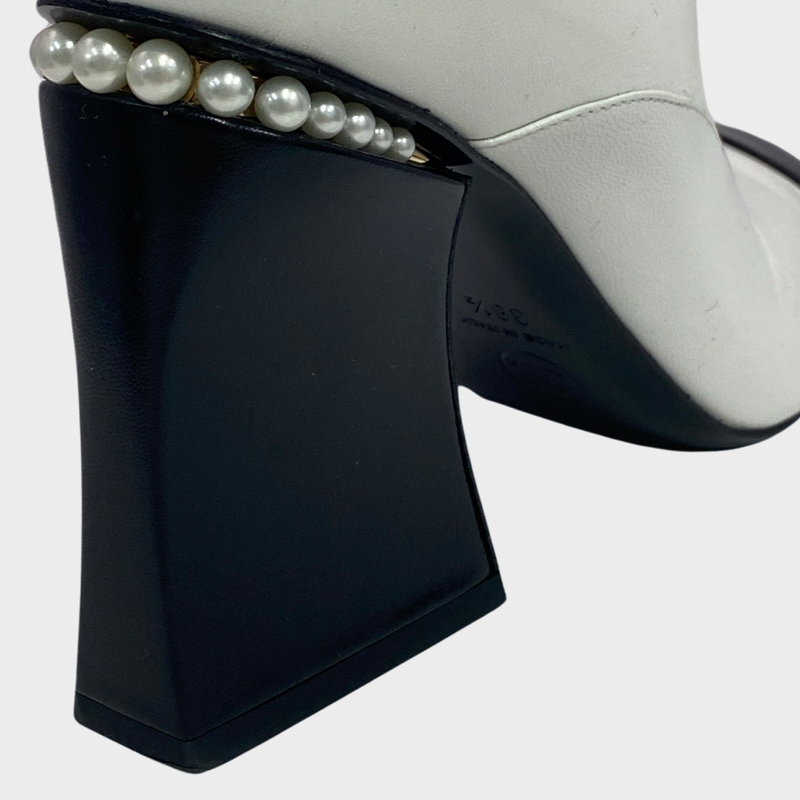 Chanel women's white leather boots with pearl heel details