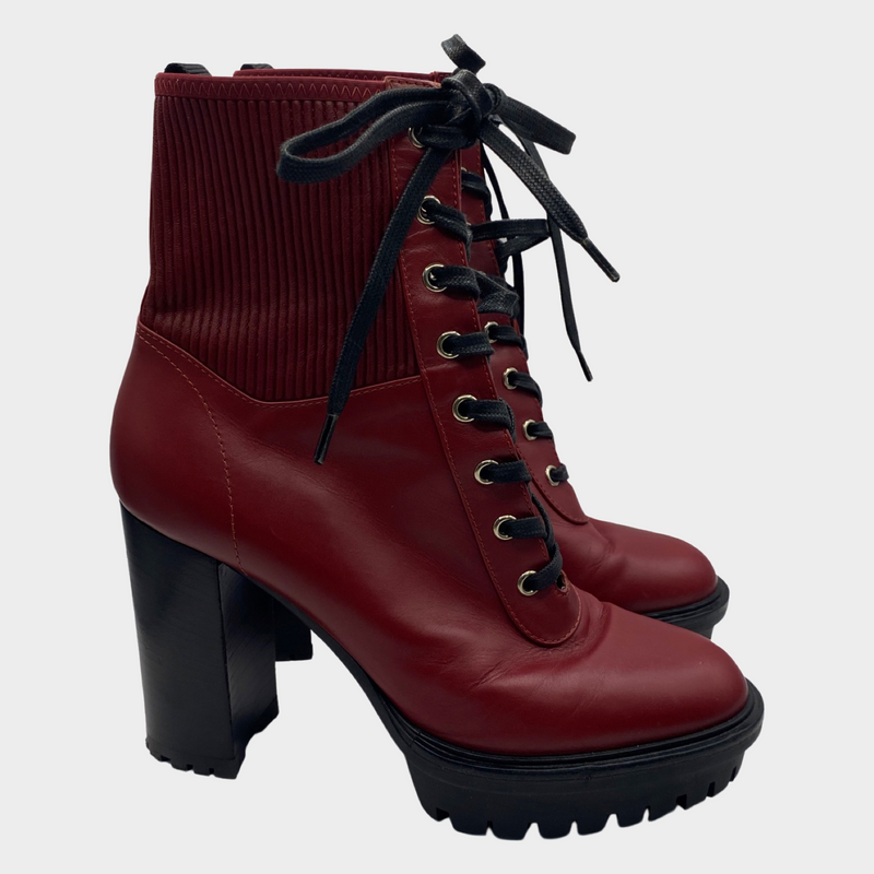 Gianvito Rossi burgundy leather lace up platform boots with black accents