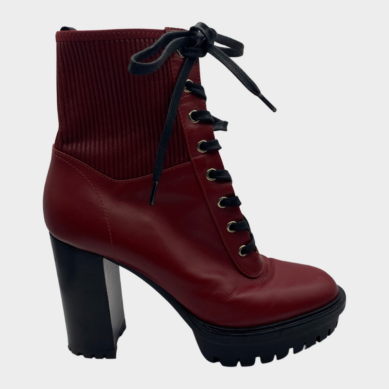 Gianvito Rossi burgundy leather lace up platform boots with black accents
