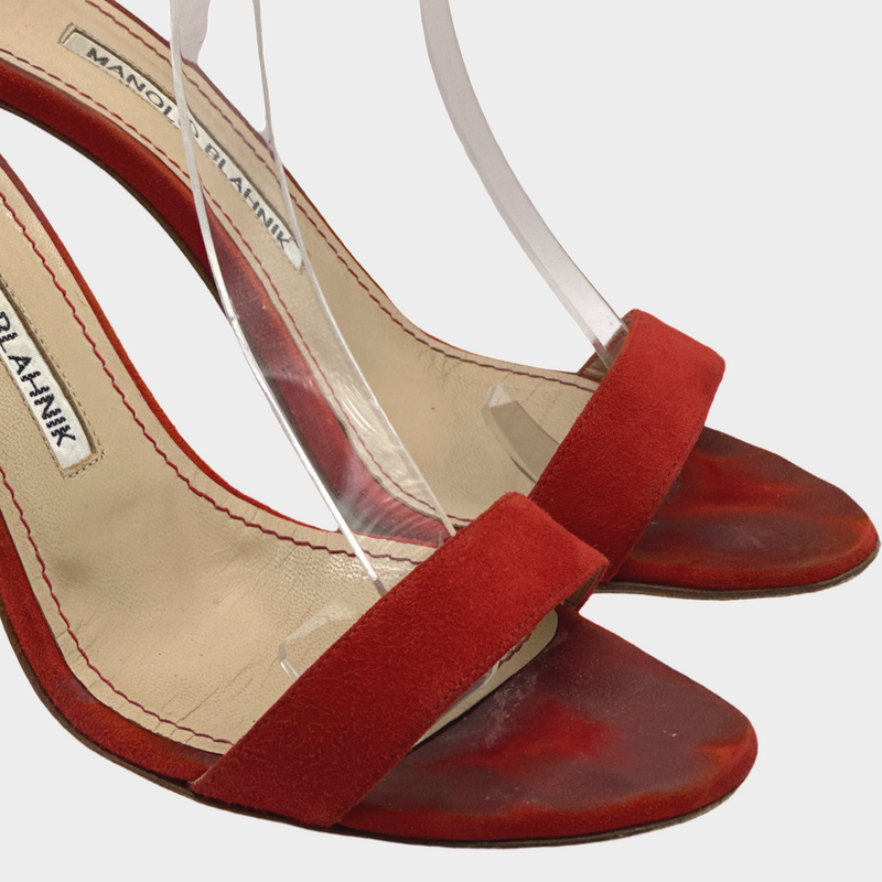 Manolo Blahnik red suede sandal heels