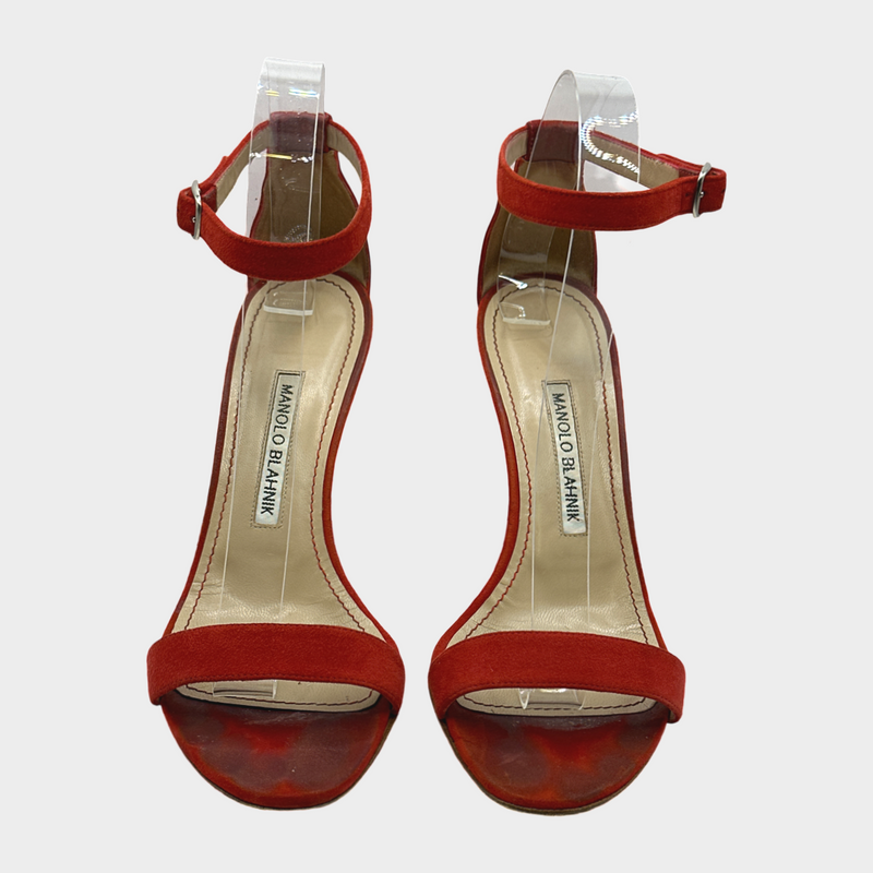 Manolo Blahnik red suede sandal heels