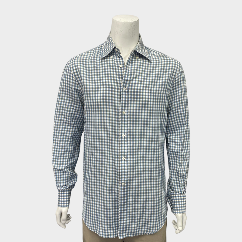 Brunello Cucinelli men's blue & white checked cotton shirt
